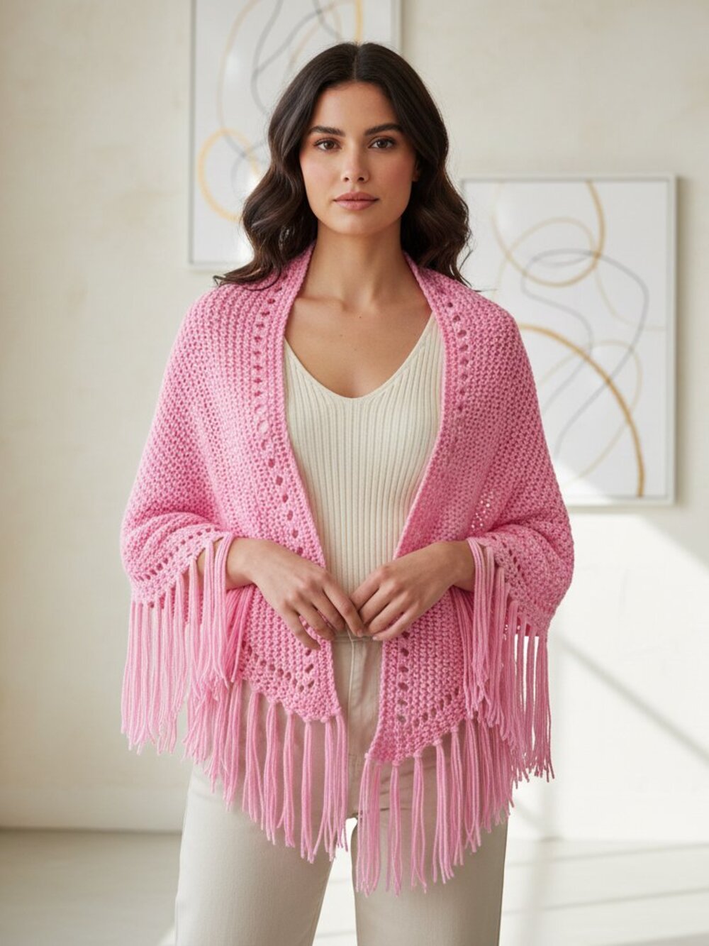 NEW Bright Pink‎ Hand Knitted Shawl Wrap Scarf Boho Coquette Cottage Balletcore